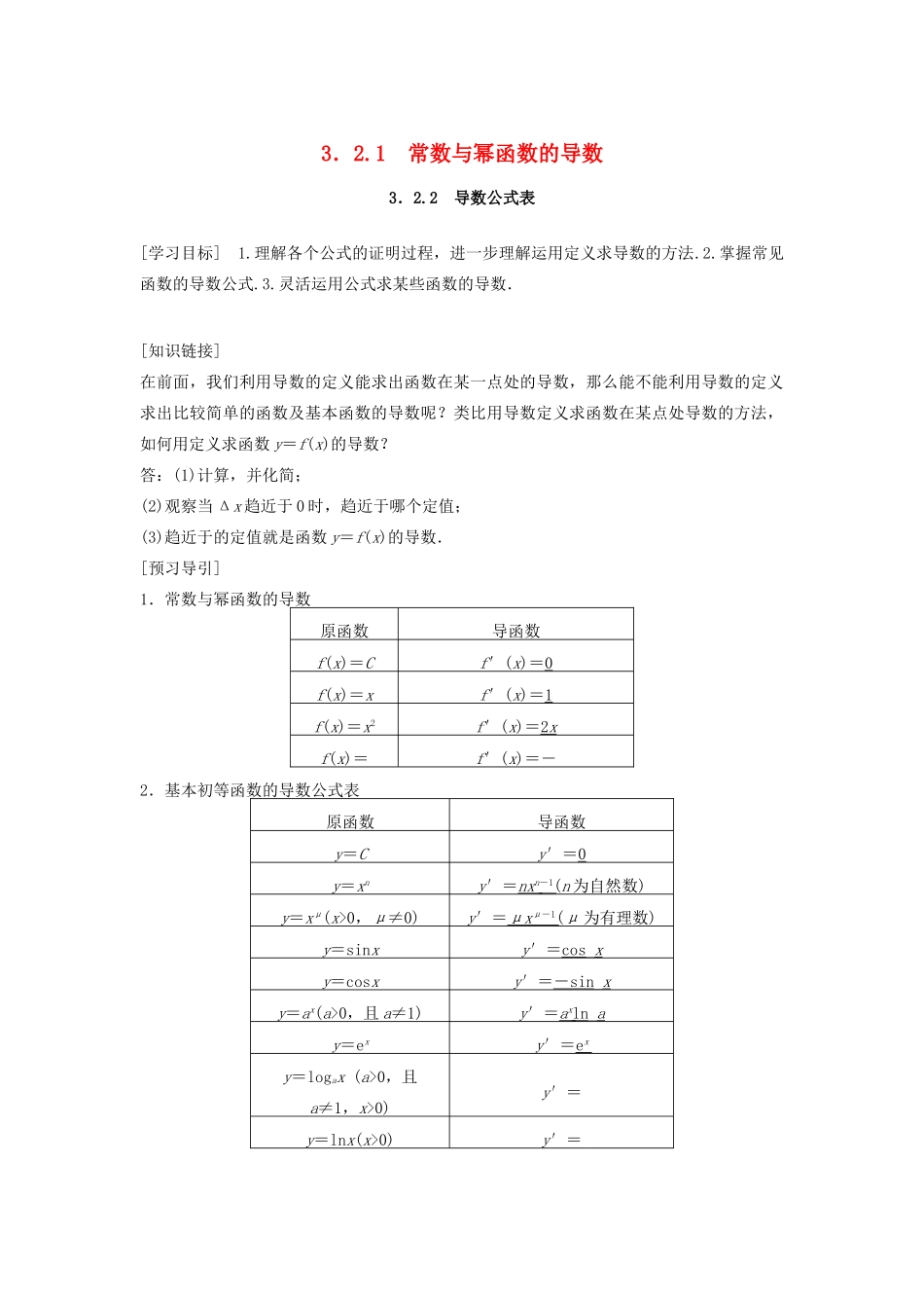 高中数学 第三章 导数及其应用 3.2.1 常数与幂函数的导数 3.2.2 导数公式表教学案 新人教B版选修1-1-新人教B版高二选修1-1数学教学案_第1页