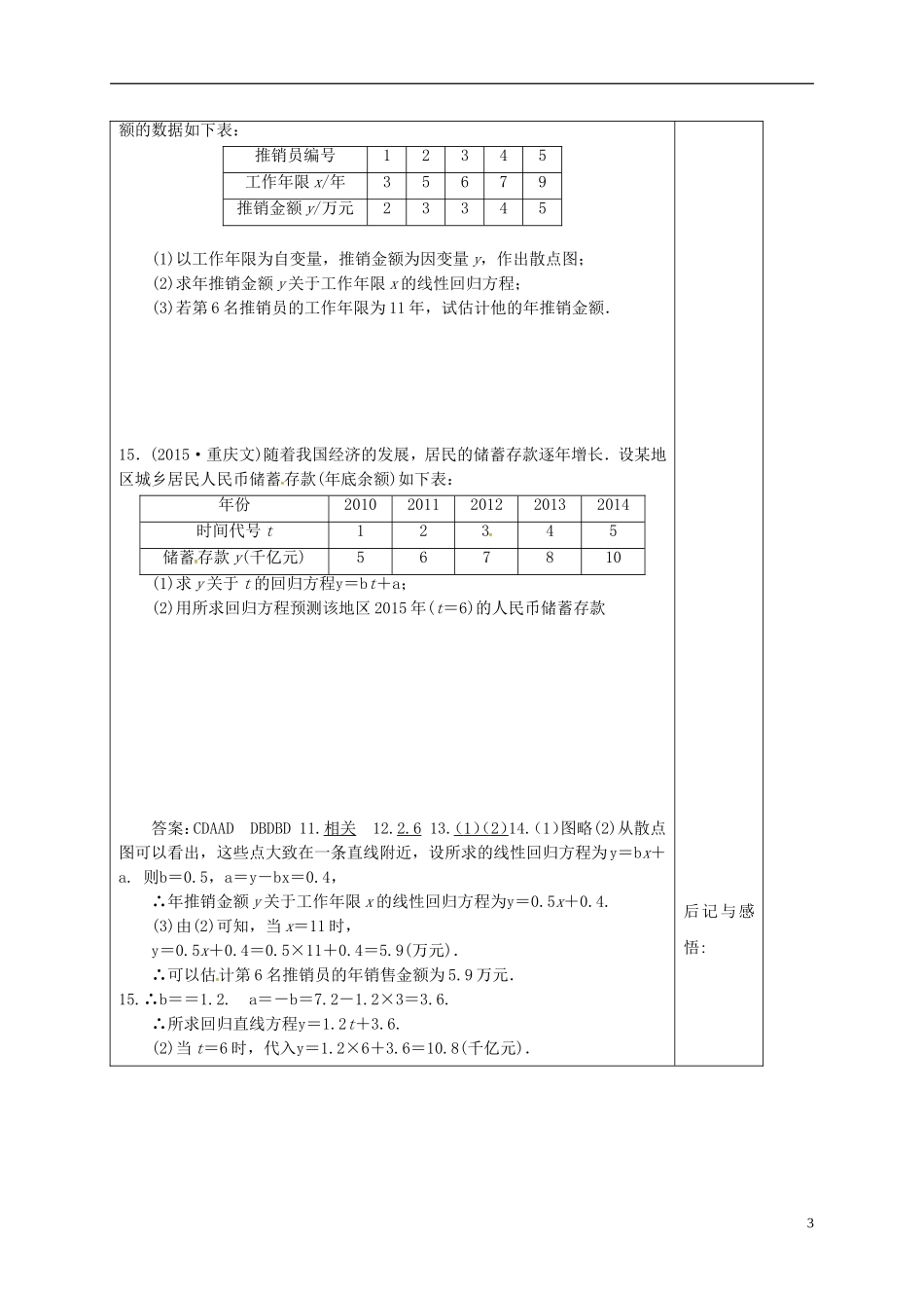高中数学 第一章 统计案例 1.1.2 回归分析的基本思想及其初步应用导学案 新人教A版选修1-2-新人教A版高二选修1-2数学学案_第3页