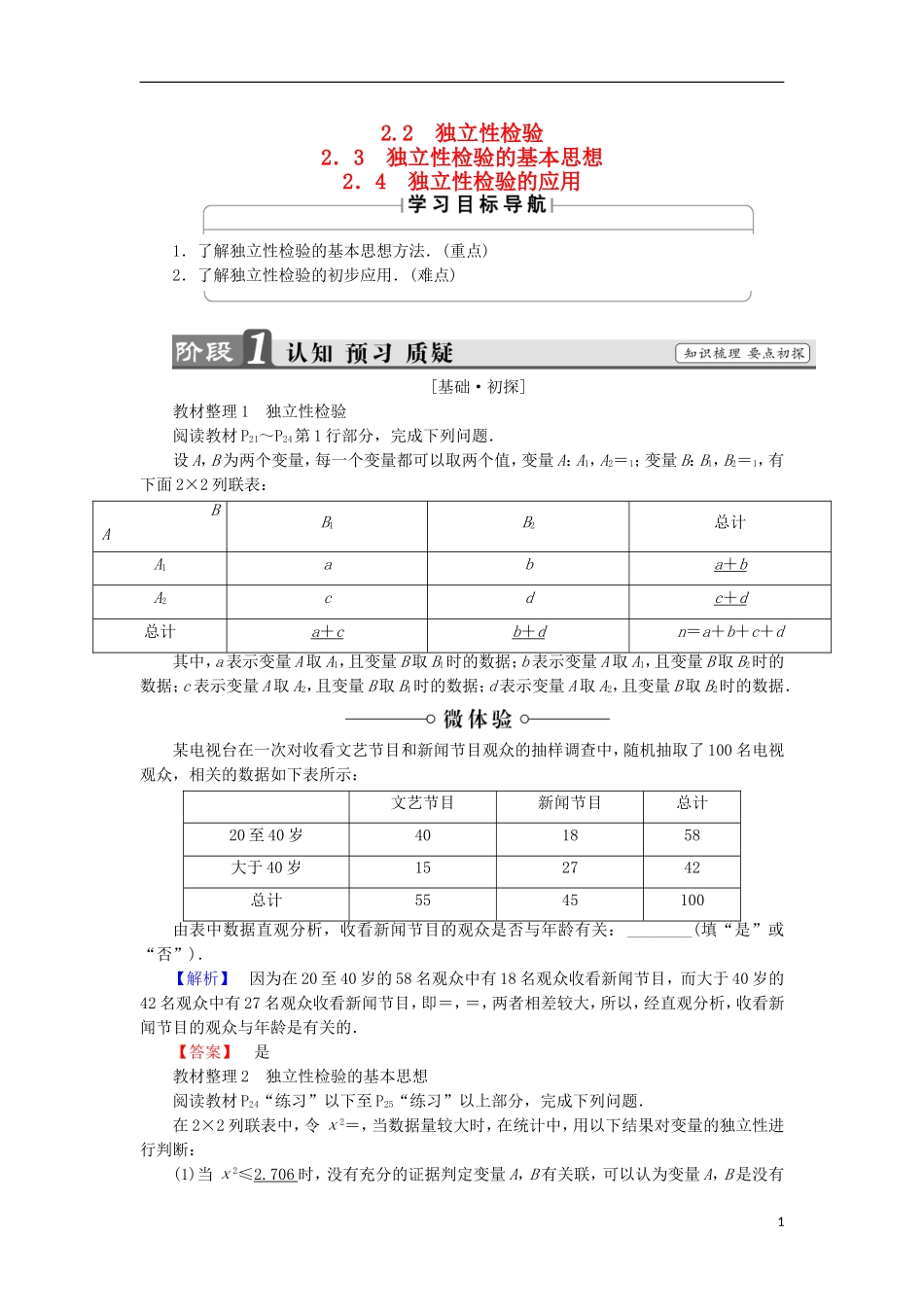 高中数学 第一章 统计案例 1.2.2 独立性检验 2.3 独立性检验的基本思想 2.4 独立性检验的应用学案 北师大版选修1-2-北师大版高中选修1-2数学学案_第1页