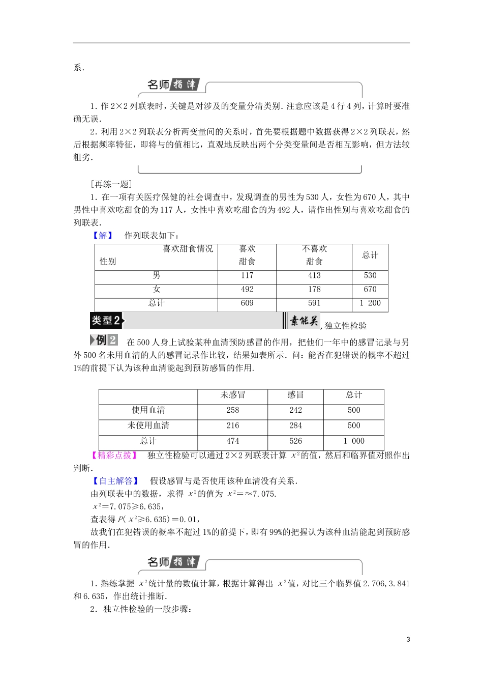 高中数学 第一章 统计案例 1.2.2 独立性检验 2.3 独立性检验的基本思想 2.4 独立性检验的应用学案 北师大版选修1-2-北师大版高中选修1-2数学学案_第3页