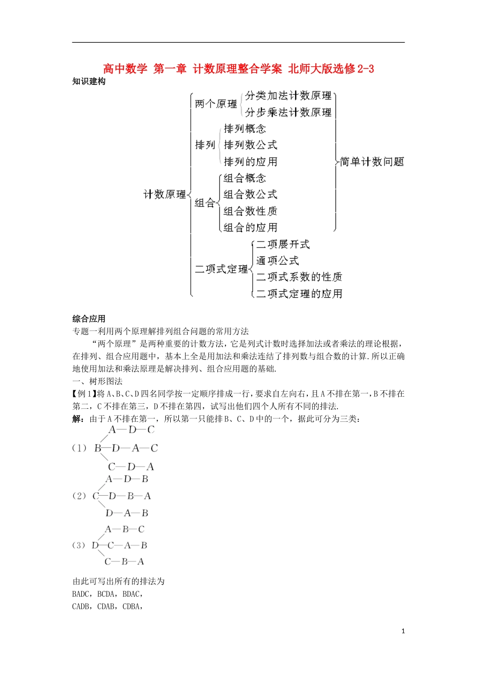 高中数学 第一章 计数原理整合学案 北师大版选修2-3-北师大版高二选修2-3数学学案_第1页