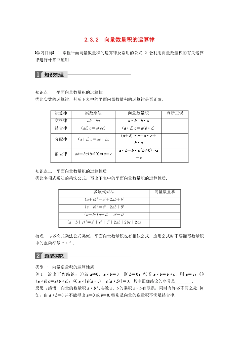 高中数学 第二单元 平面向量 2.3.2 向量数量积的运算律学案 北师大版必修4-北师大版高一必修4数学学案_第1页