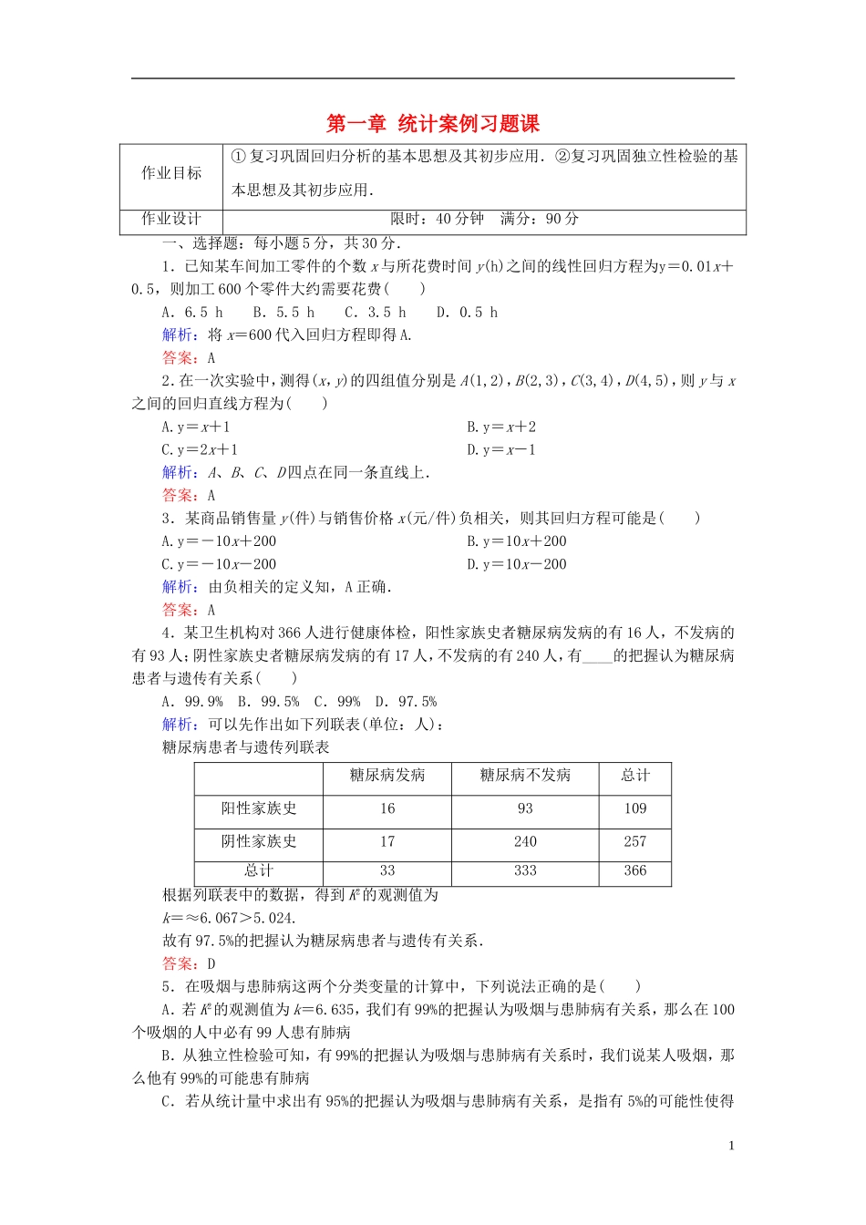 高中数学 第一章 统计案例习题课学案（含解析）新人教A版选修1-2-新人教A版高二选修1-2数学学案_第1页