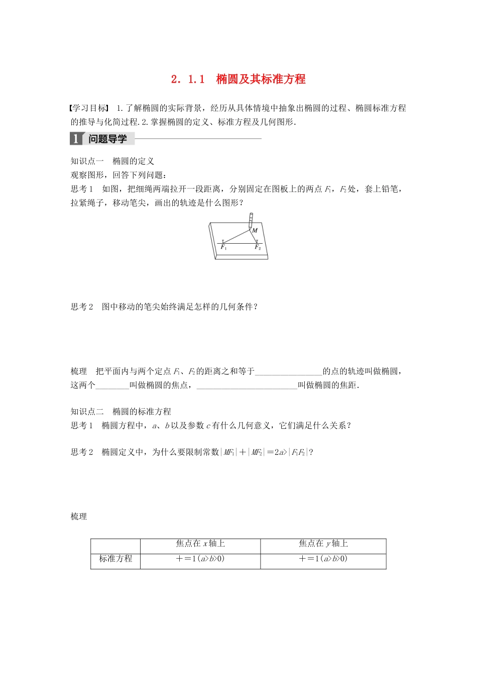 高中数学 第二单元 圆锥曲线与方程 2.1.1 椭圆及其标准方程教学案 新人教B版选修1-1-新人教B版高二选修1-1数学教学案_第1页