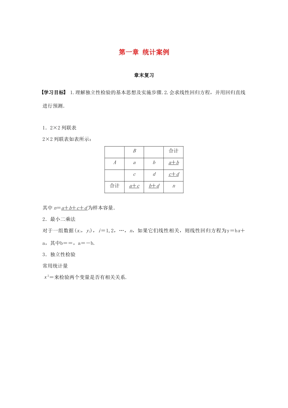 高中数学 第一章 统计案例章末复习学案 苏教版选修1-2-苏教版高二选修1-2数学学案_第1页
