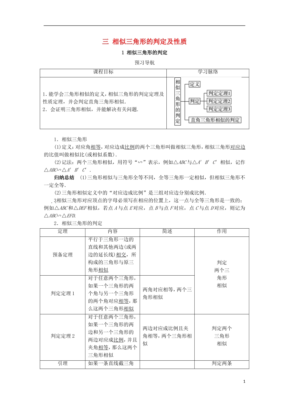 高中数学 第一讲 相似三角形的判定及有关性质 三 相似三角形的判定及性质 1 相似三角形的判定预习导学案 新人教A版选修4-1-新人教A版高二选修4-1数学学案_第1页
