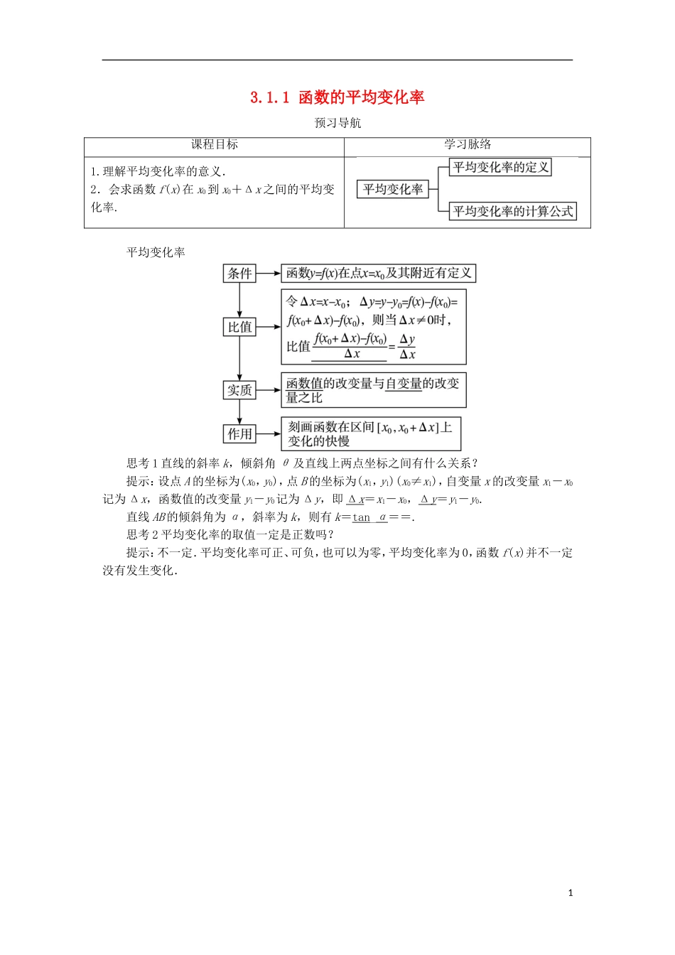 高中数学 第三章 导数及其应用 3.1 导数 3.1.1 函数的平均变化率预习导学案 新人教B版选修1-1-新人教B版高二选修1-1数学学案_第1页