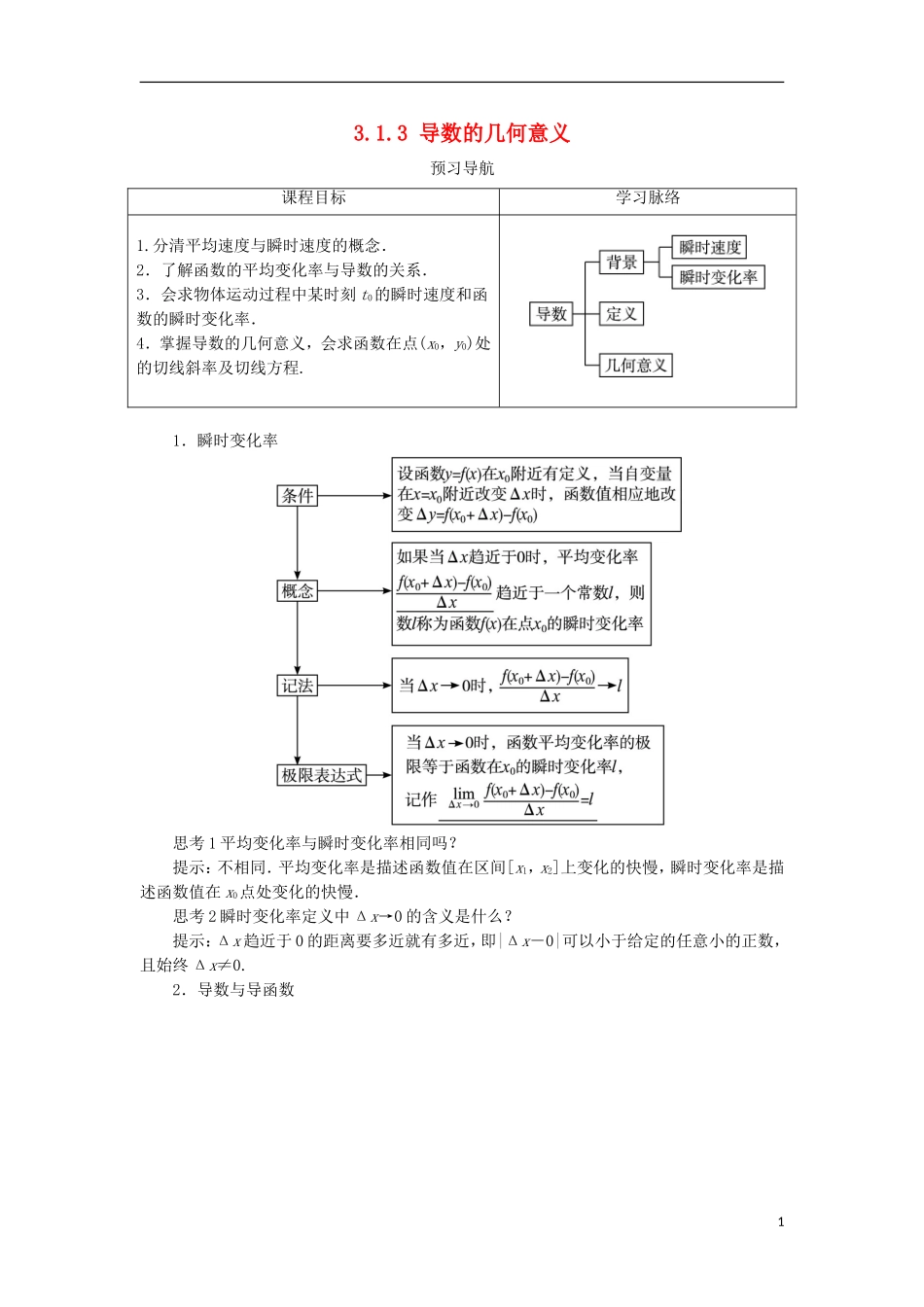 高中数学 第三章 导数及其应用 3.1 导数 3.1.2 瞬时速度与导数 3.1.3 导数的几何意义预习导学案 新人教B版选修1-1-新人教B版高二选修1-1数学学案_第1页
