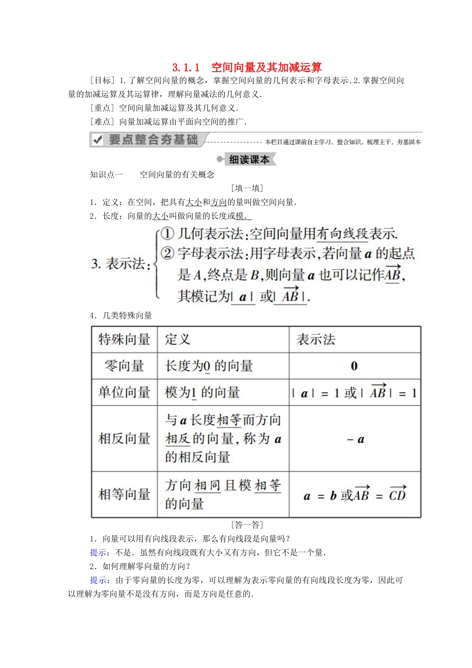 高中数学 第三章 空间向量与立体几何 3.1 空间向量及其运算 3.1.1 空间向量及其加减运算学案（含解析）新人教A版选修2-1-新人教A版高二选修2-1数学学案_第1页