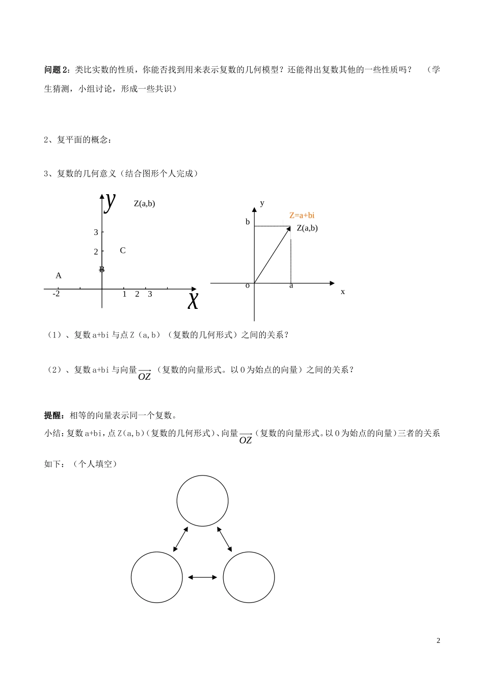 高中数学 第三章 数系的扩充与复数的引入 3.1.2 复数的几何意义学案（无答案）新人教A版选修1-2-新人教A版高二选修1-2数学学案_第2页