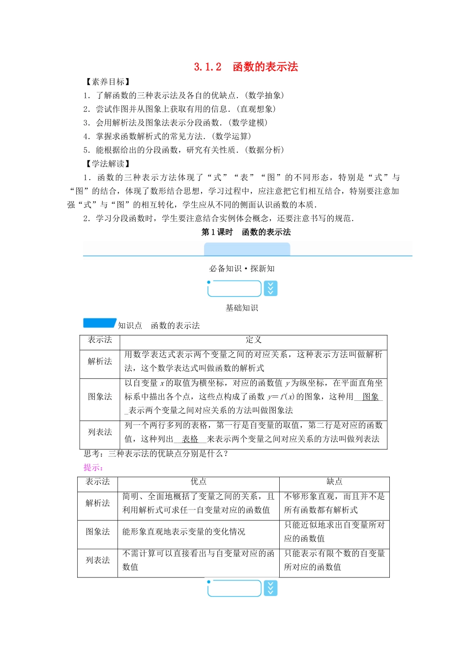 高中数学 第三章 函数的概念与性质 3.1 函数的概念及其表示 3.1.2 第1课时 函数的表示法学案（含解析）新人教A版必修第一册-新人教A版高一第一册数学学案_第1页
