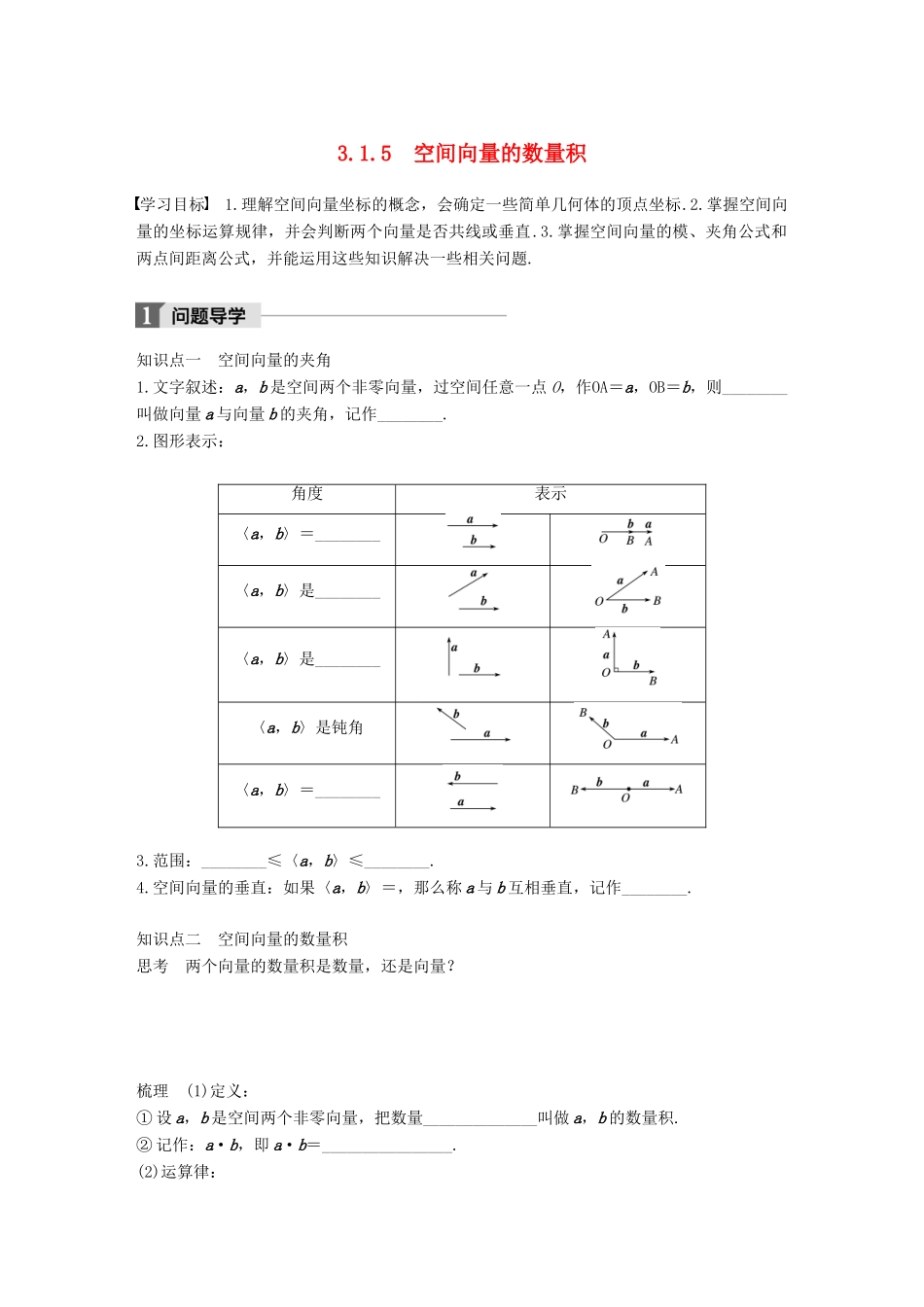 高中数学 第三章 空间向量与立体几何 3.1.5 空间向量的数量积学案 苏教版选修2-1-苏教版高二选修2-1数学学案_第1页