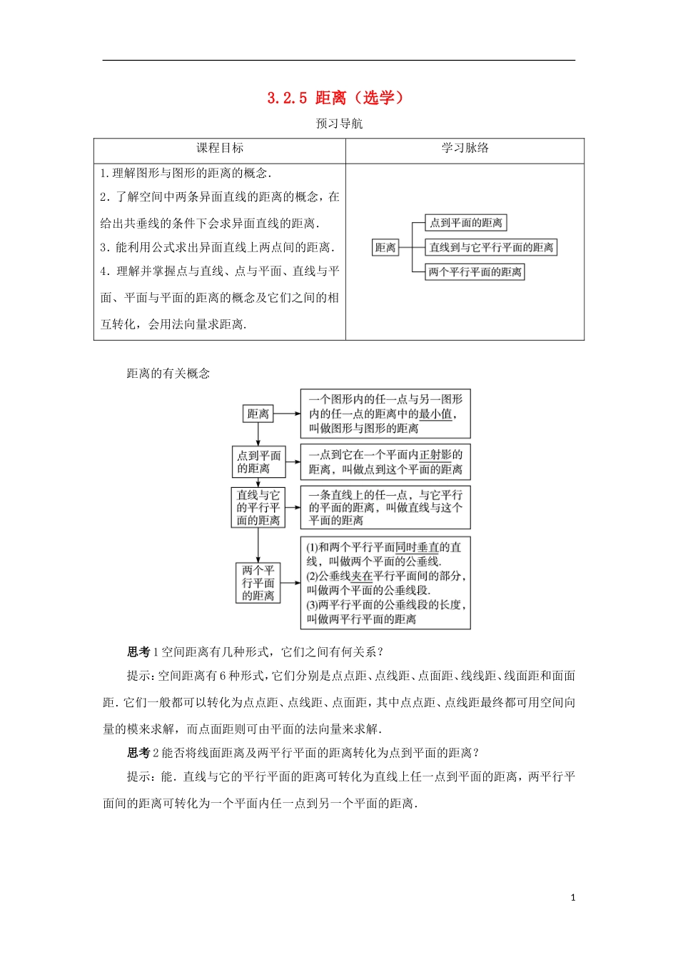 高中数学 第三章 空间向量与立体几何 3.2 空间向量在立体几何中的应用 3.2.5 距离（选学）预习导航学案 新人教B版选修2-1-新人教B版高二选修2-1数学学案_第1页