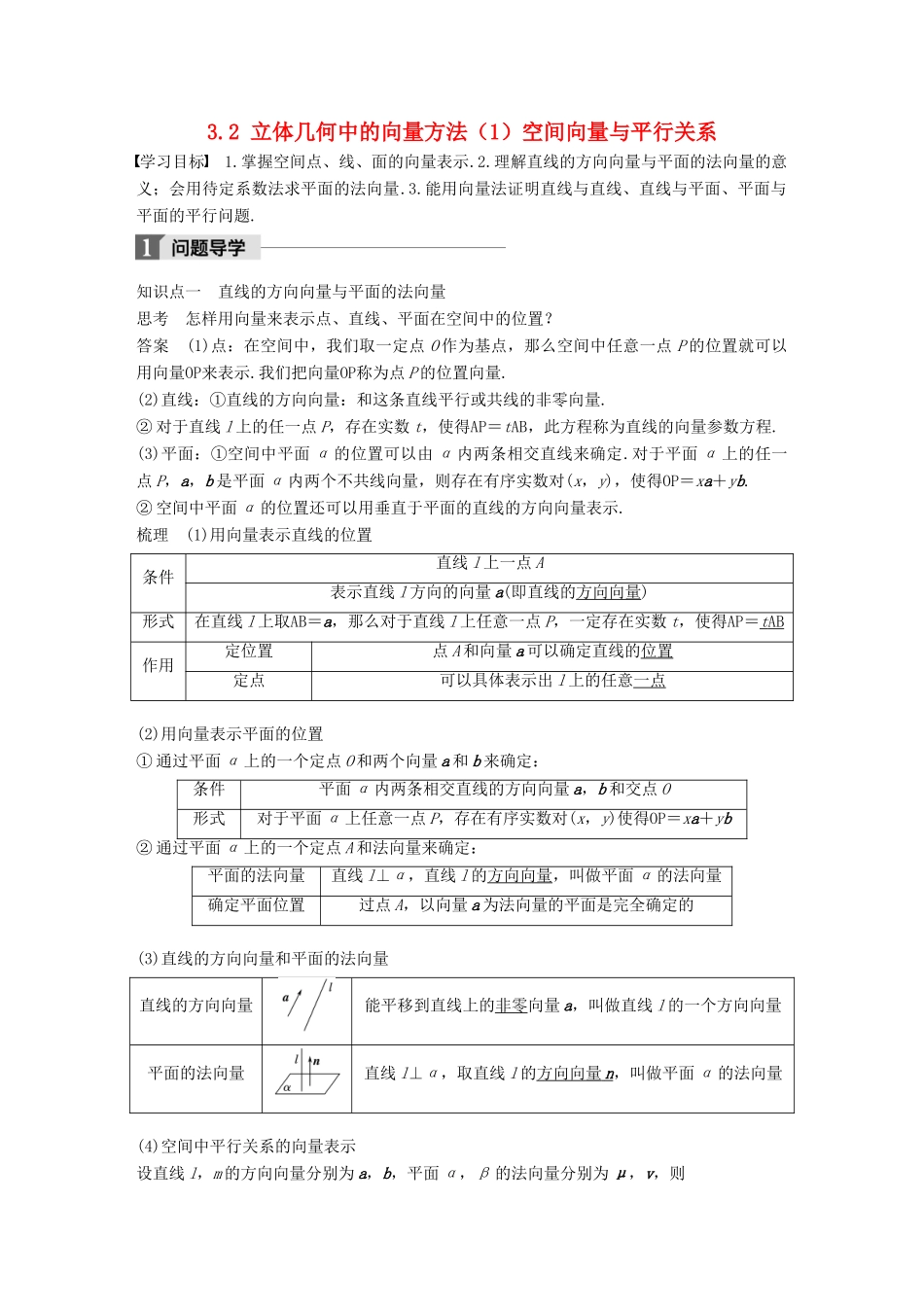 高中数学 第三章 空间向量与立体几何 3.2 立体几何中的向量方法（1）空间向量与平行关系学案 新人教A版选修2-1-新人教A版高二选修2-1数学学案_第1页