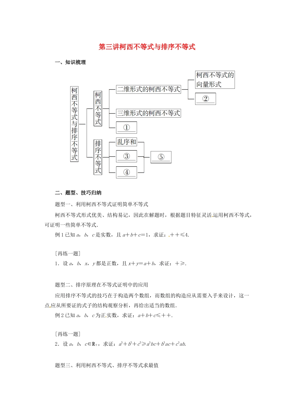 高中数学 第三讲 柯西不等式与排序不等式复习学案 新人教A版选修4-5-新人教A版高二选修4-5数学学案_第1页