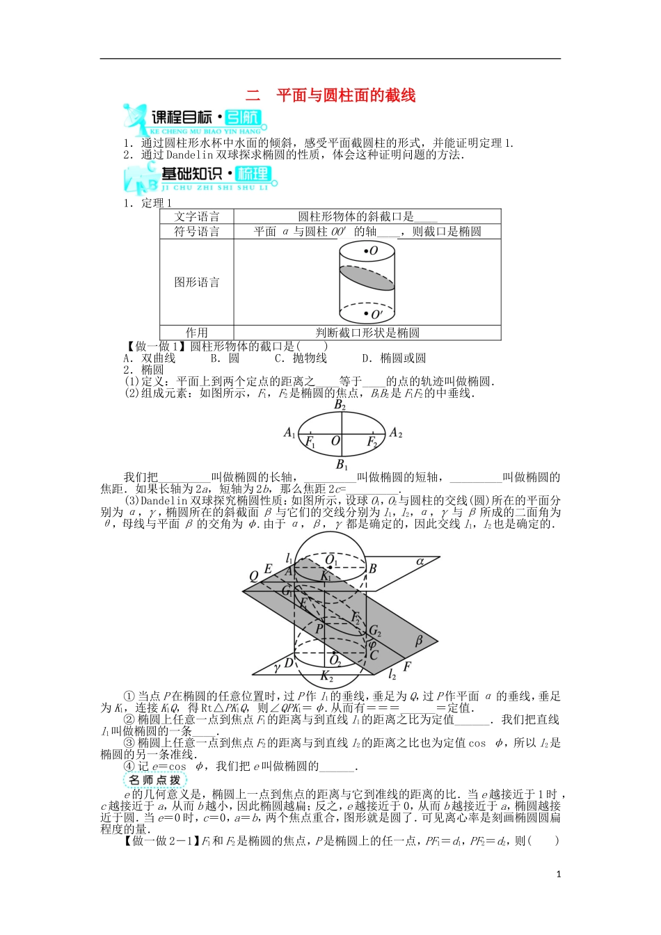 高中数学 第三讲 圆锥曲线性质的探讨 二 平面与圆柱面的截线学案 新人教A版选修4-1-新人教A版高二选修4-1数学学案_第1页