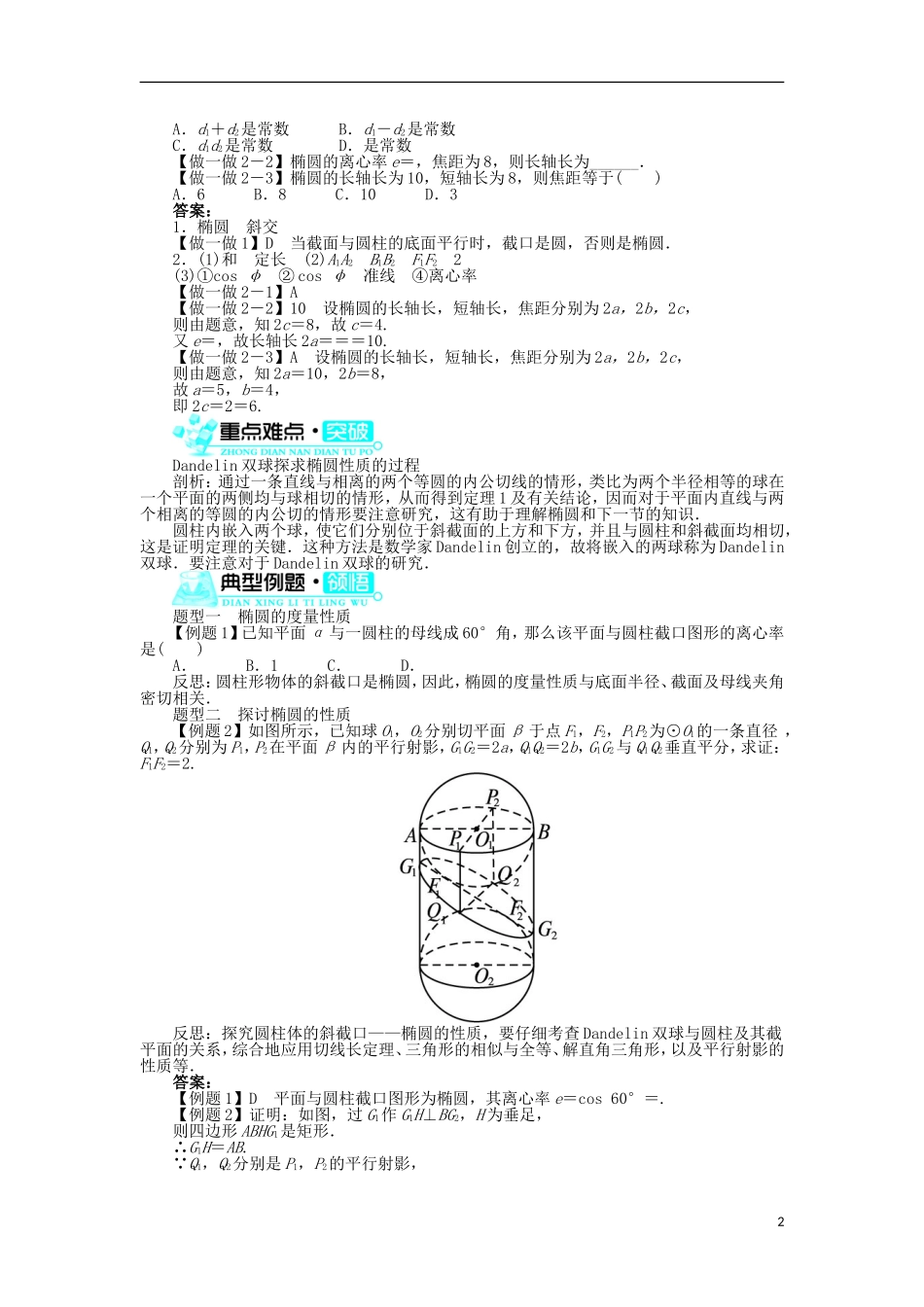 高中数学 第三讲 圆锥曲线性质的探讨 二 平面与圆柱面的截线学案 新人教A版选修4-1-新人教A版高二选修4-1数学学案_第2页