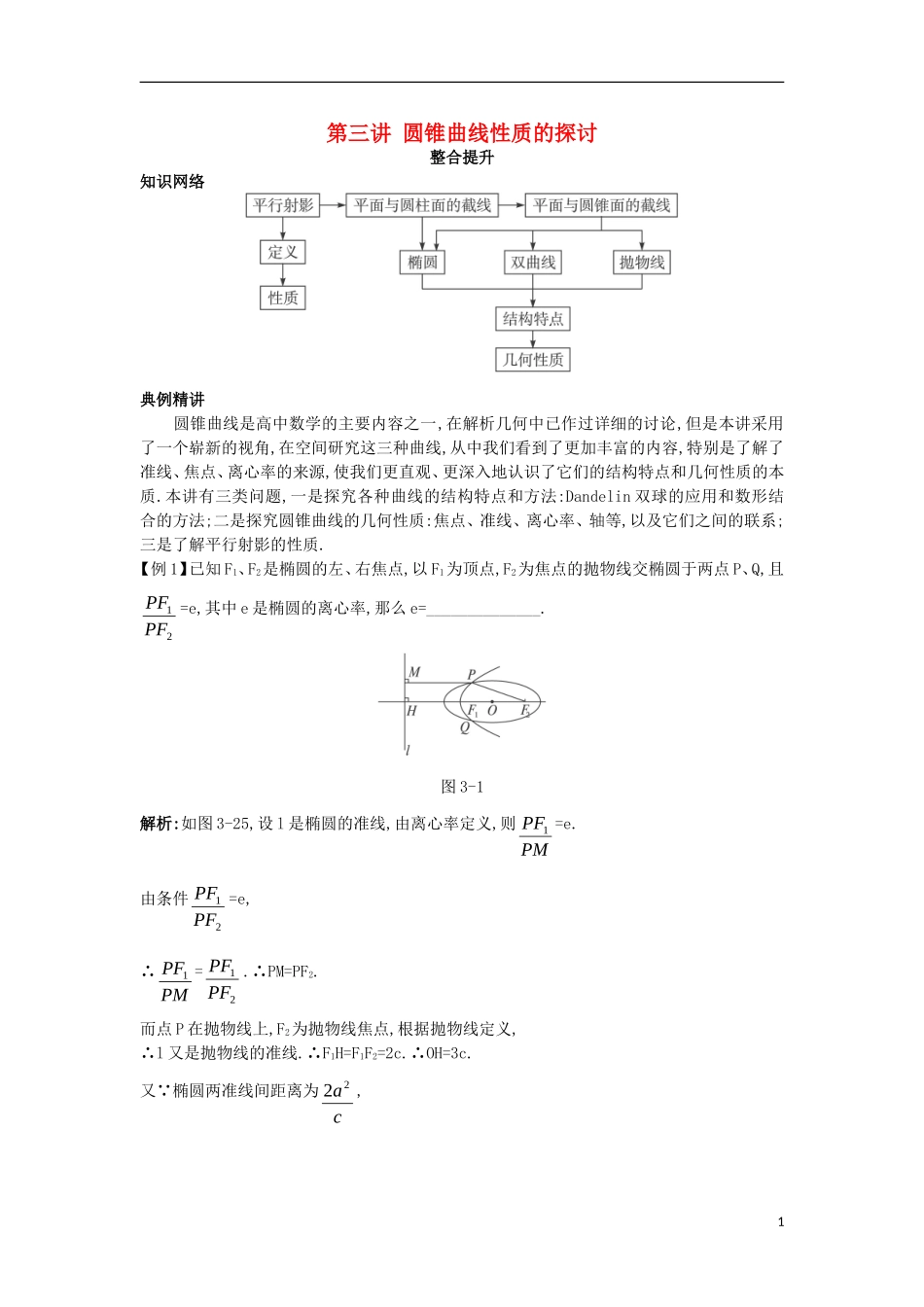 高中数学 第三讲 圆锥曲线性质的探讨本讲小结学案 新人教A版选修4-1-新人教A版高二选修4-1数学学案_第1页