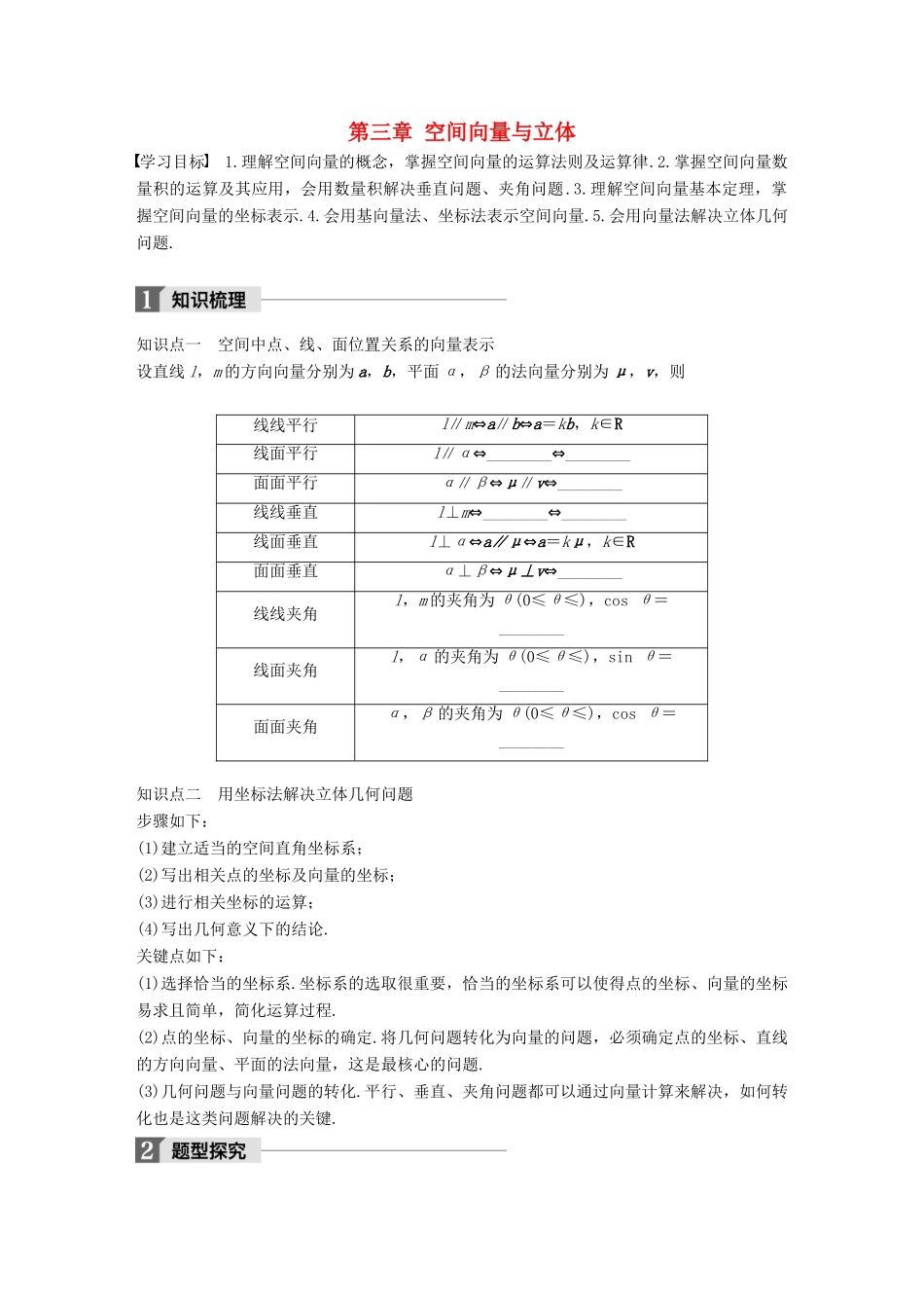高中数学 第三章 空间向量与立体几何章末复习课学案 苏教版选修2-1-苏教版高二选修2-1数学学案_第1页
