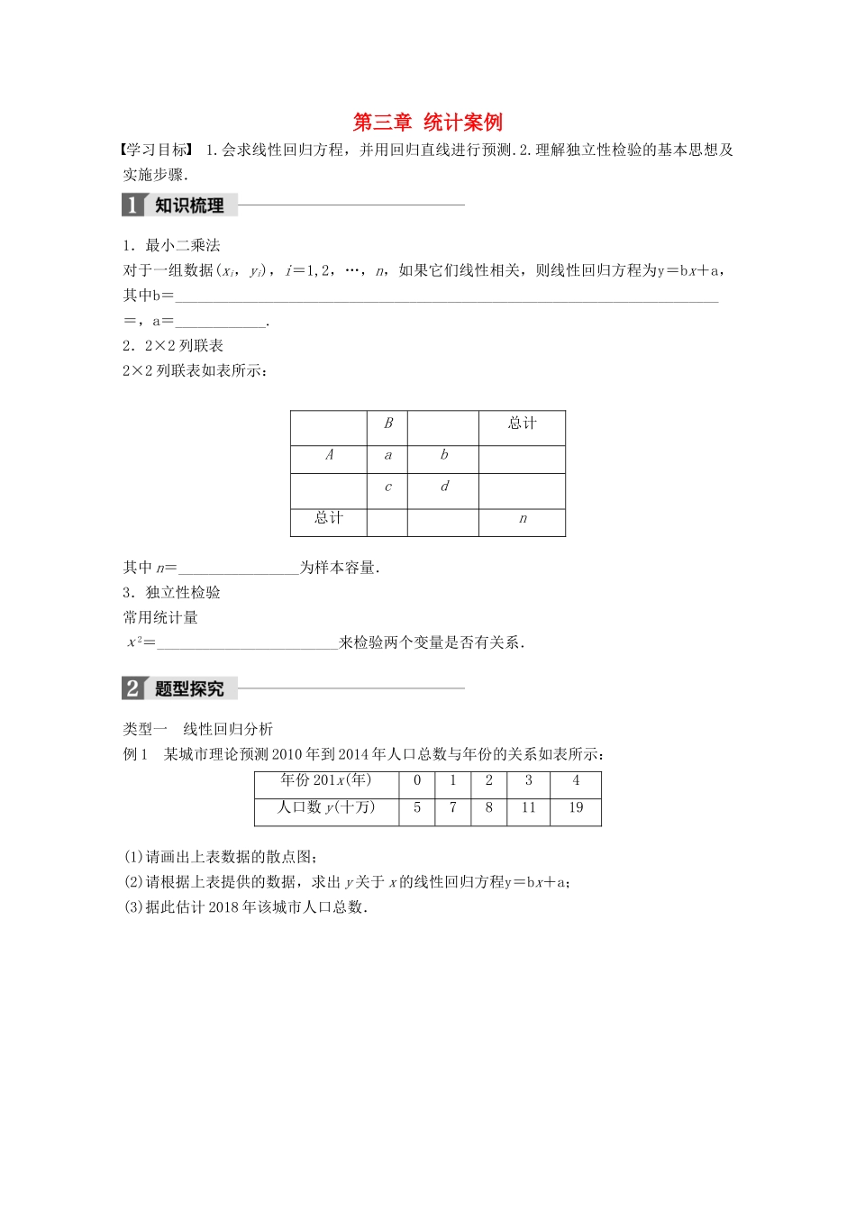 高中数学 第三章 统计案例章末复习课学案 苏教版选修2-3-苏教版高二选修2-3数学学案_第1页