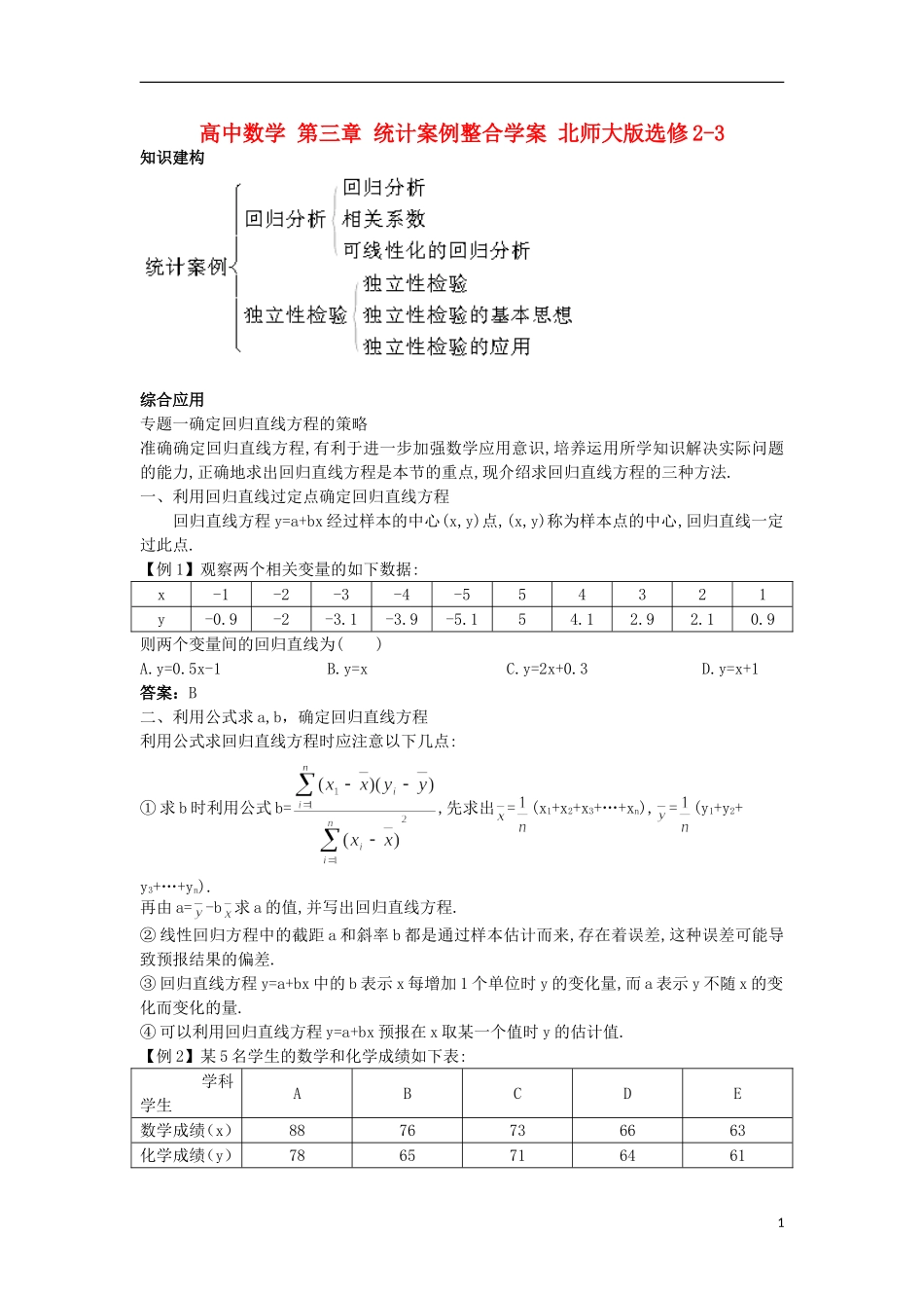 高中数学 第三章 统计案例整合学案 北师大版选修2-3-北师大版高二选修2-3数学学案_第1页