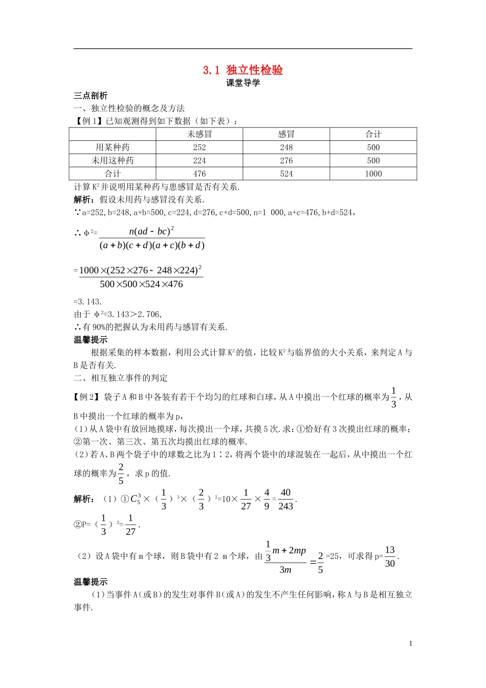 高中数学 第三章 统计案例 3.1 独立性检验课堂导学案 新人教B版选修2-3-新人教B版高二选修2-3数学学案_第1页