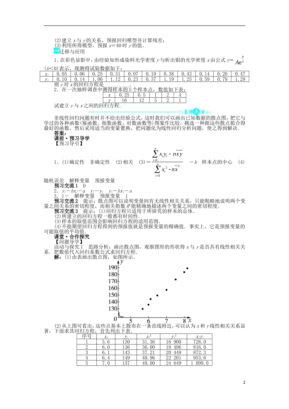 高中数学 第三章 统计案例 3.1 回归分析的基本思想及其初步应用问题导学案 新人教A版选修2-3-新人教A版高二选修2-3数学学案_第2页