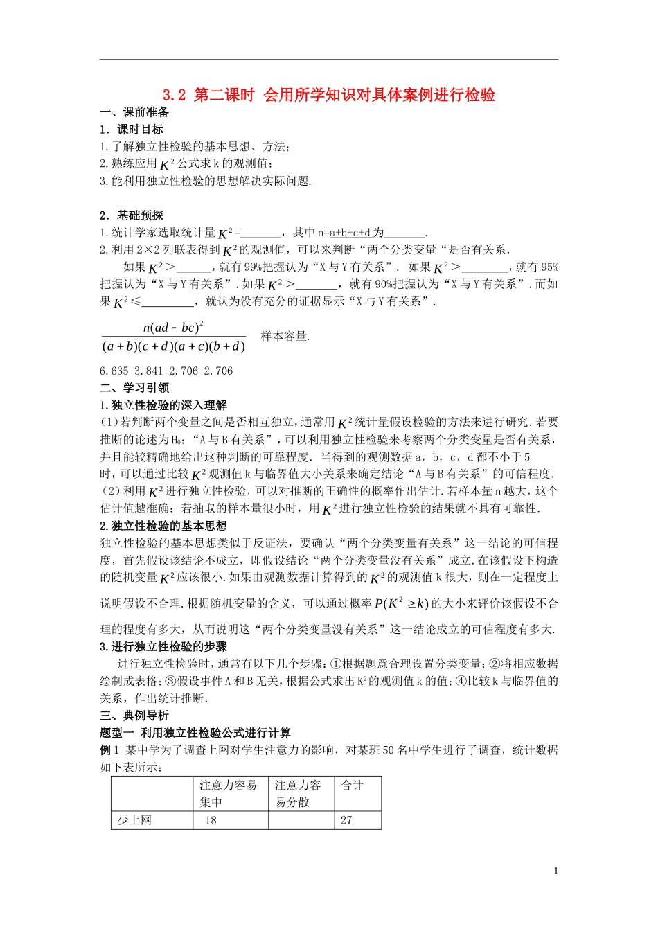 高中数学 第三章 统计案例 3.2 第2课时 会用所学知识对具体案例进行检验学案 新人教A版选修2-3-新人教A版高二选修2-3数学学案_第1页