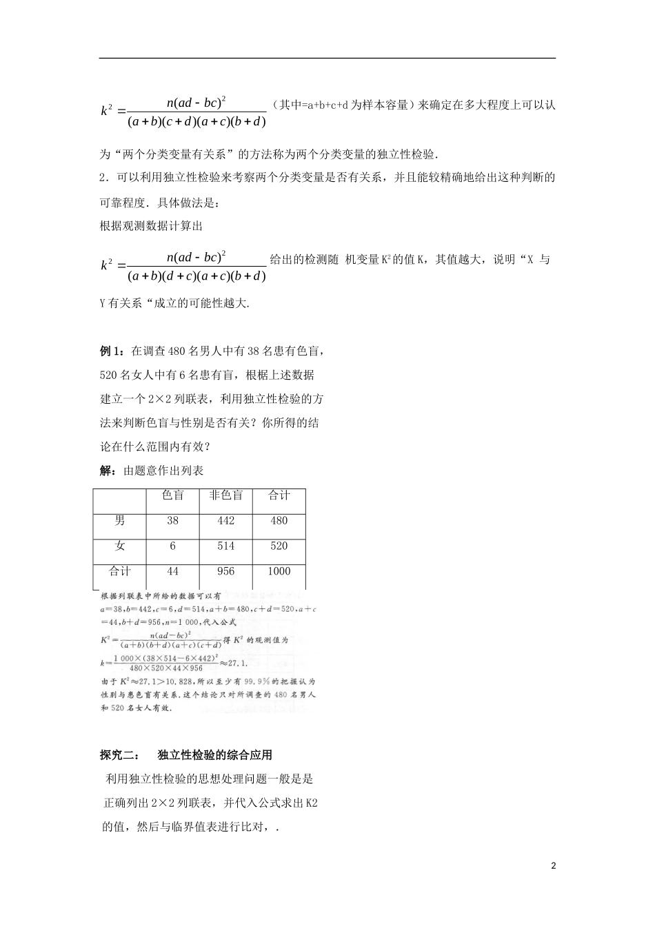 高中数学 第三章 统计案例 3.2 独立性检验的基本思想及其初步应用导学案 新人教A版选修2-3-新人教A版高二选修2-3数学学案_第2页