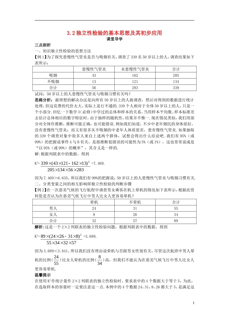 高中数学 第三章 统计案例 3.2 独立性检验的基本思想及其初步应用课堂导学案 新人教A版选修2-3-新人教A版高二选修2-3数学学案_第1页