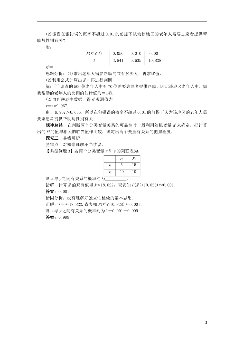 高中数学 第三章 统计案例 3.2 独立性检验的基本思想及其初步应用课堂探究学案 新人教A版选修2-3-新人教A版高二选修2-3数学学案_第2页