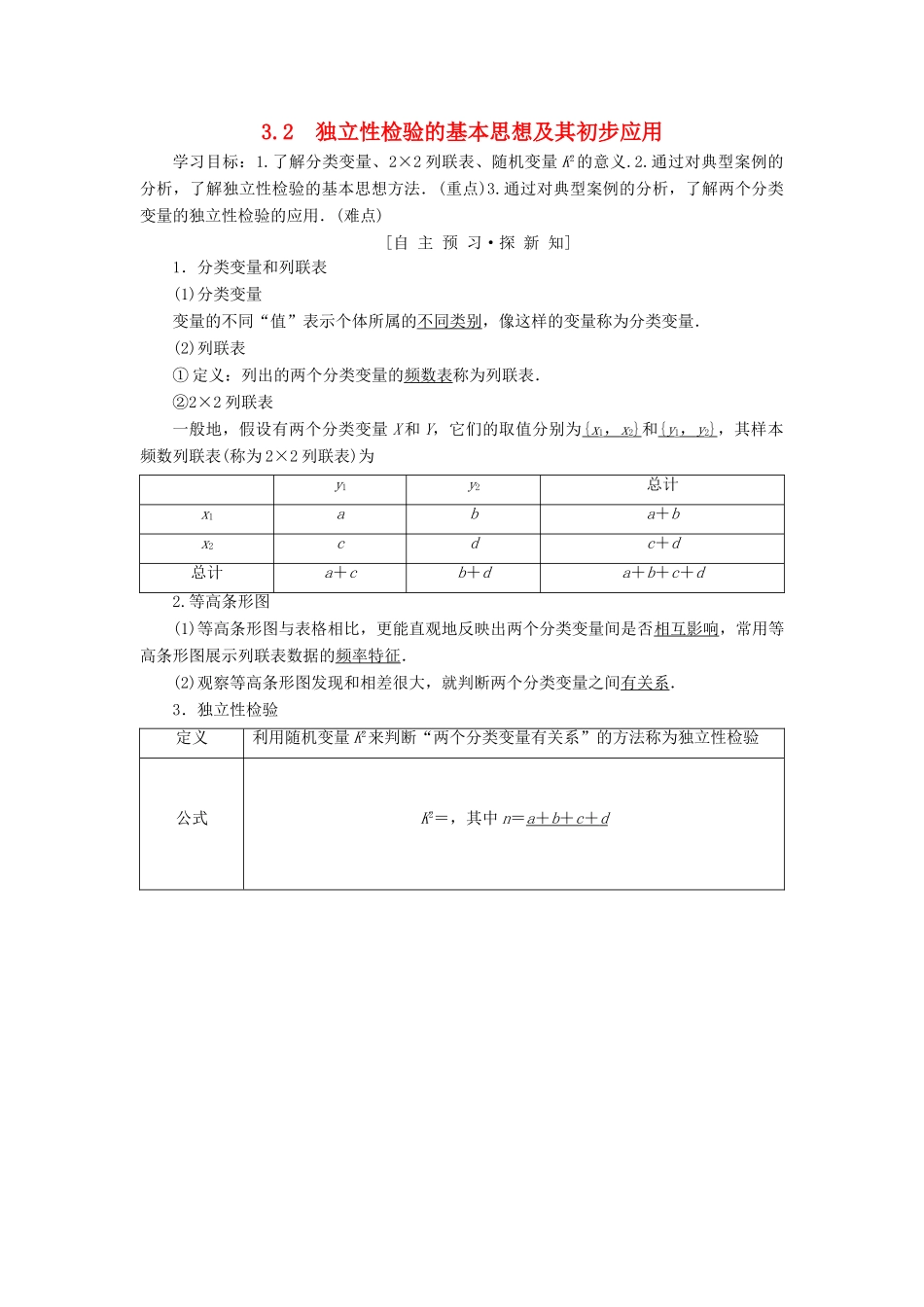 高中数学 第三章 统计案例 3.2 独立性检验的基本思想及其初步应用学案 新人教A版选修2-3-新人教A版高二选修2-3数学学案_第1页