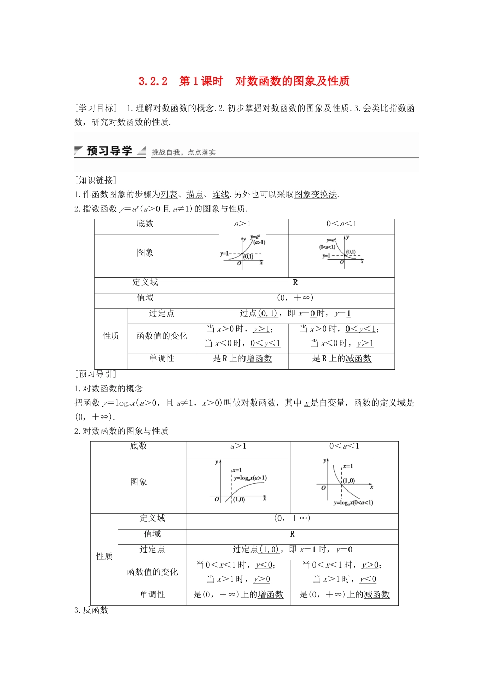 高中数学 第三章 基本初等函数（Ⅰ）3.2.2 第1课时 对数函数的图象及性质学案 新人教B版必修1-新人教B版高一必修1数学学案_第1页