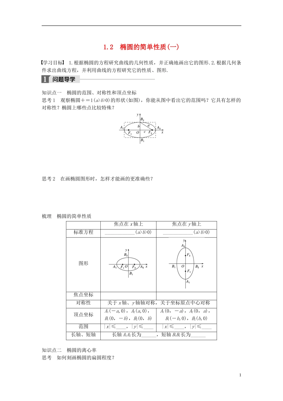 高中数学 第三章 圆锥曲线与方程 1.2 椭圆的简单性质（一）学案 北师大版选修2-1-北师大版高二选修2-1数学学案_第1页