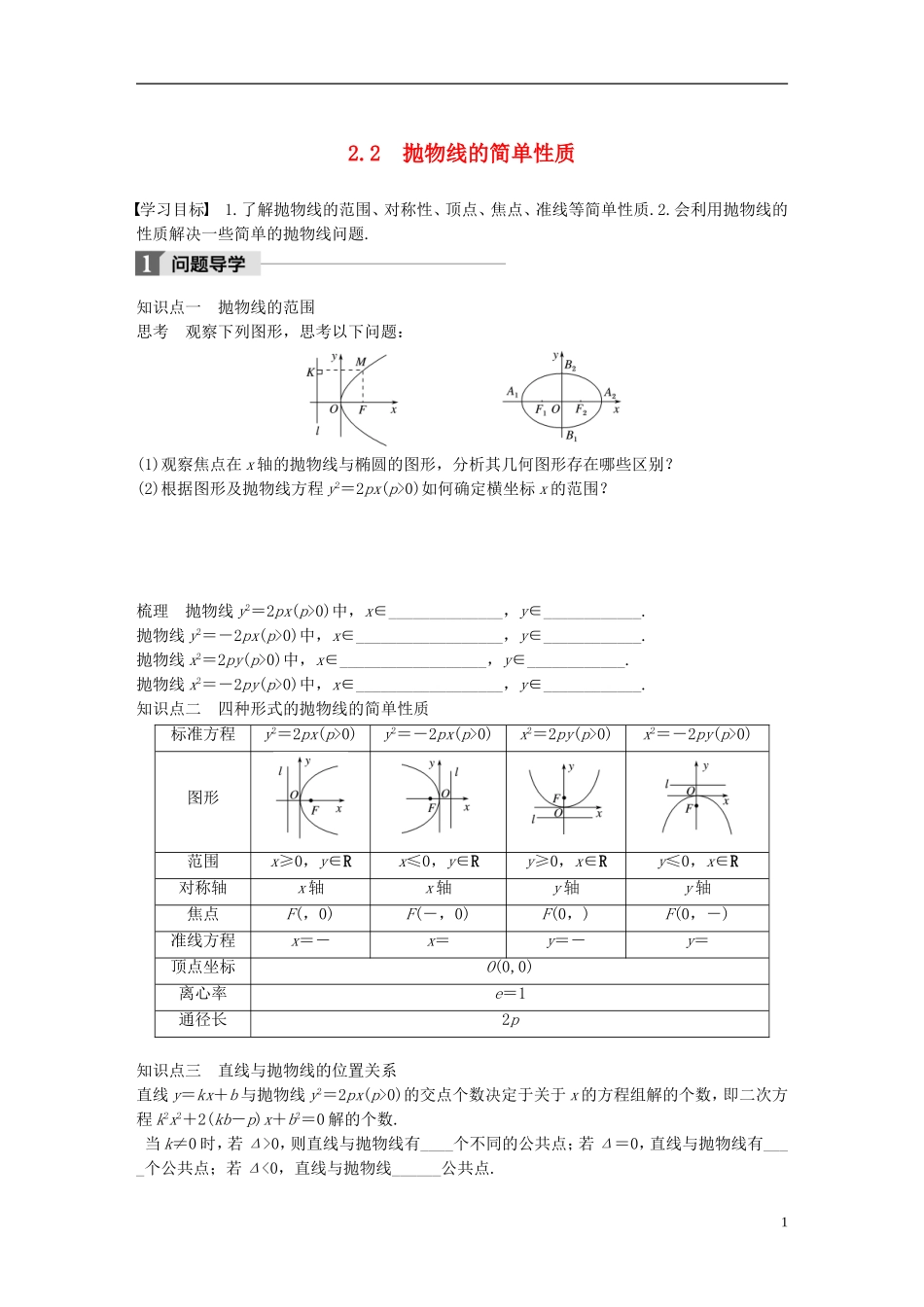 高中数学 第三章 圆锥曲线与方程 2.2 抛物线的简单性质学案 北师大版选修2-1-北师大版高二选修2-1数学学案_第1页