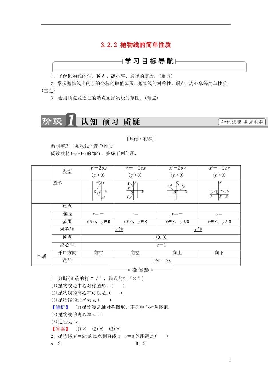 高中数学 第三章 圆锥曲线与方程 3.2.2 抛物线的简单性质学案 北师大版选修2-1-北师大版高二选修2-1数学学案_第1页