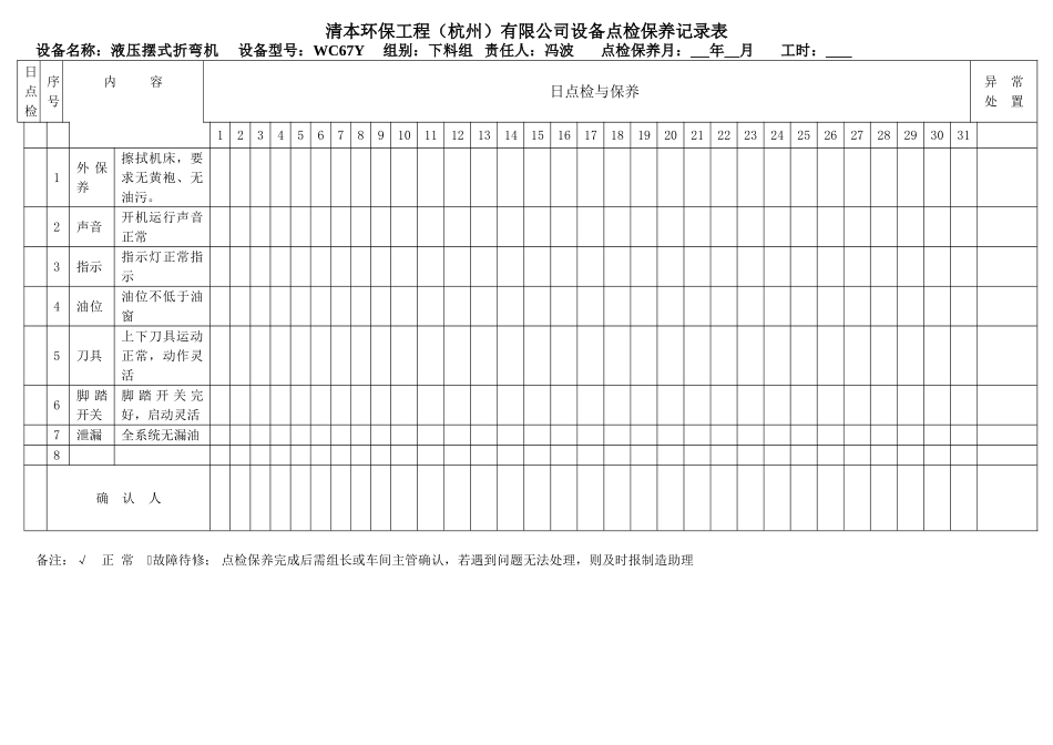 液压折弯机——设备点检保养表_第1页