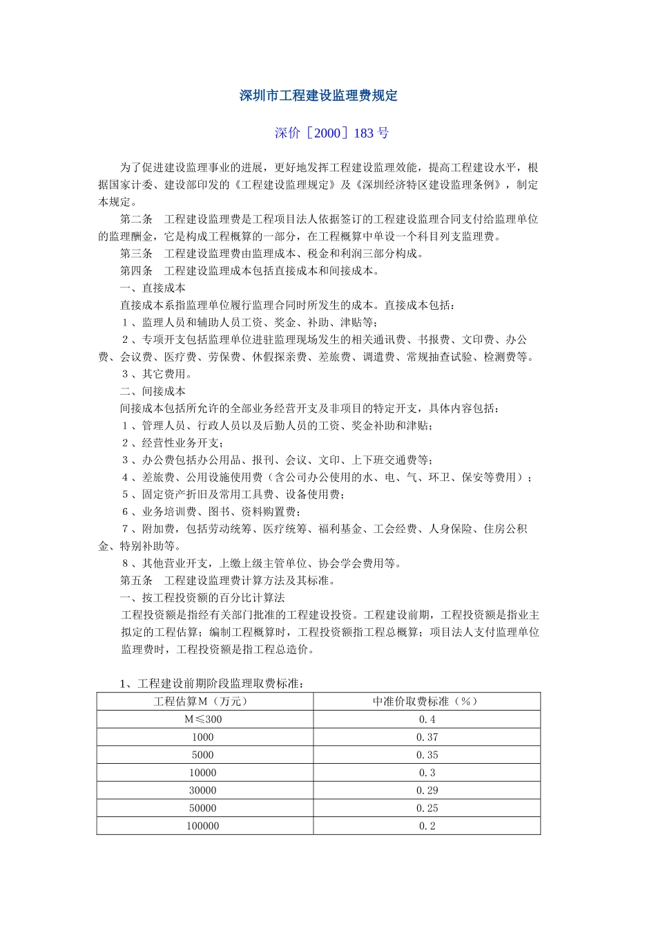 深圳市工程建设监理费规定_第1页