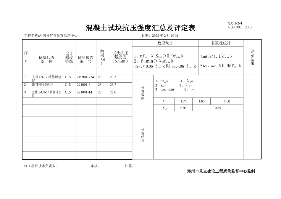混凝土试块抗压强度汇总及评定表_第1页