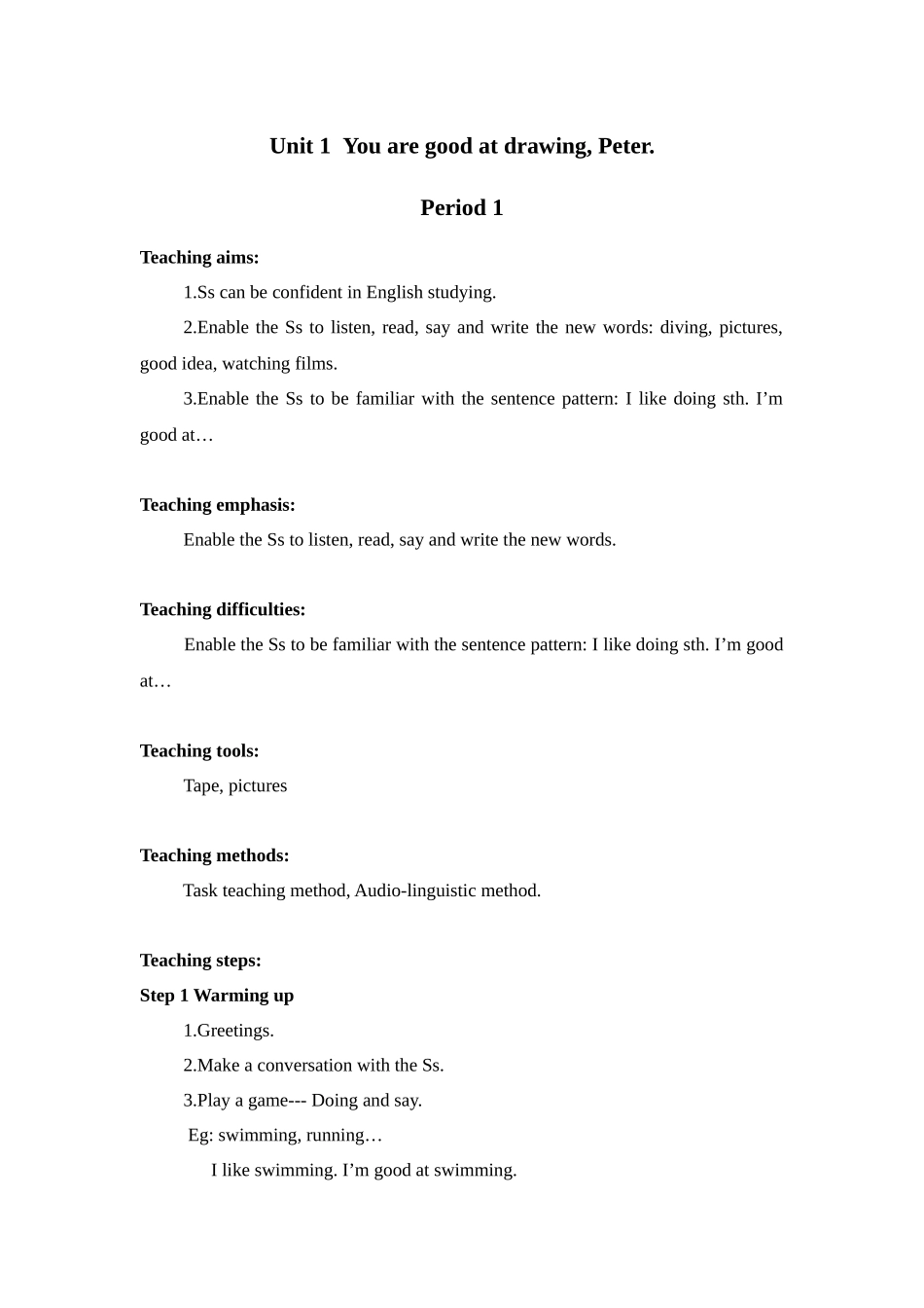 湘少版六下《Unit-1-You’re-good-at-drawing--Peter》教案_第1页