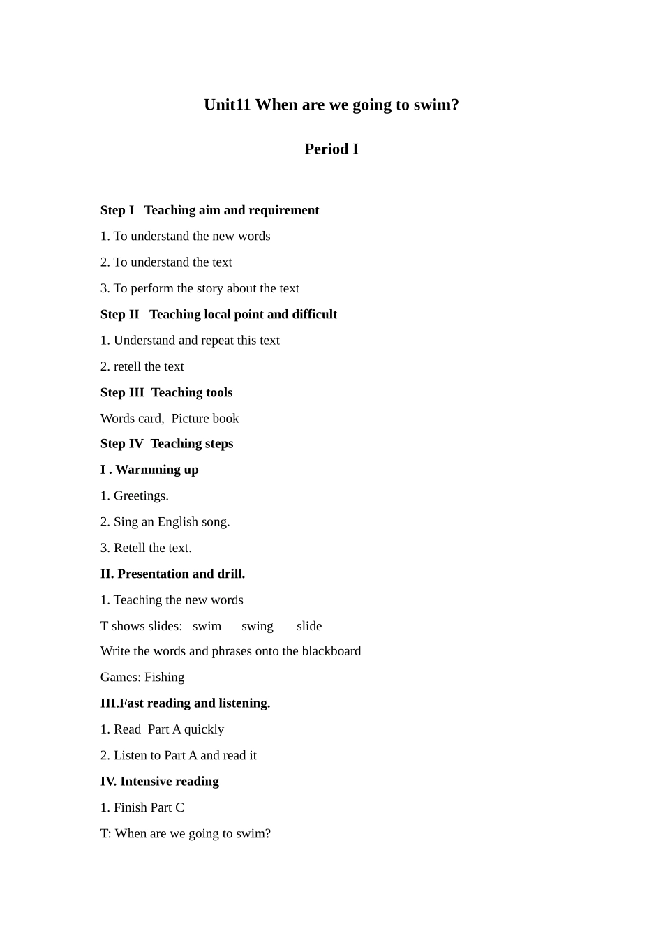 湘少版六上《Unit-11-When-are-we-going-to-swim》教案_第1页