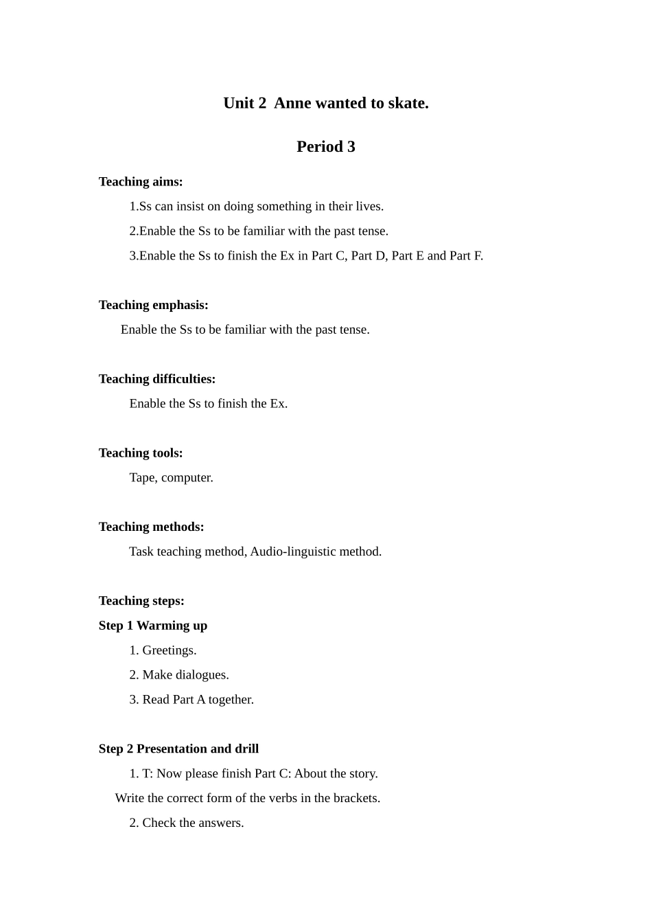 湘少版六下《Unit-2-Anne-wanted-to-skate》教案_第1页