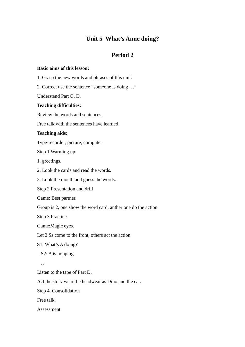 湘少版四下《Unit-5-What’s-Anne-doing》教案之一_第1页