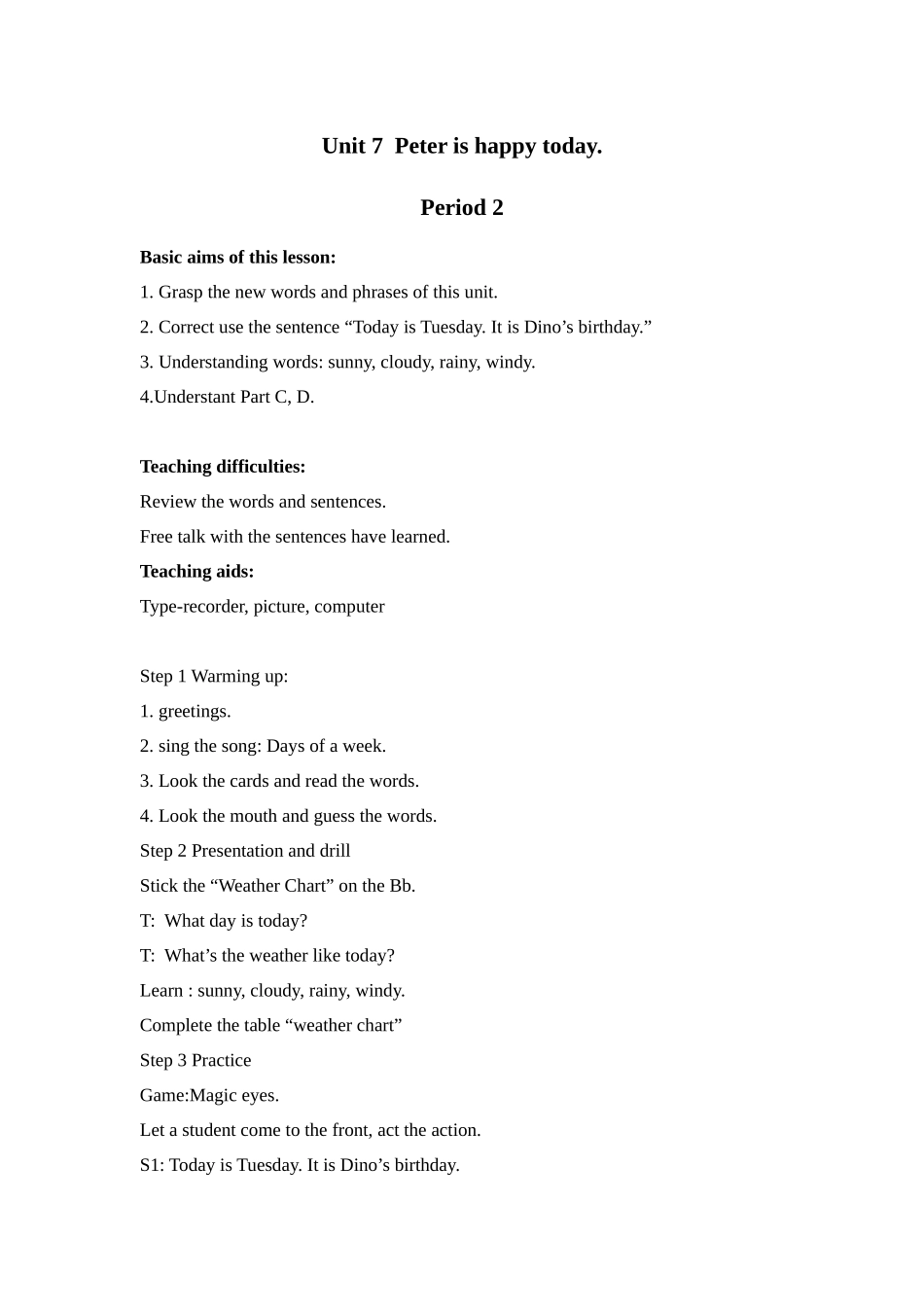 湘少版四下《Unit-7-Peter-is-happy-today》教案之一_第1页