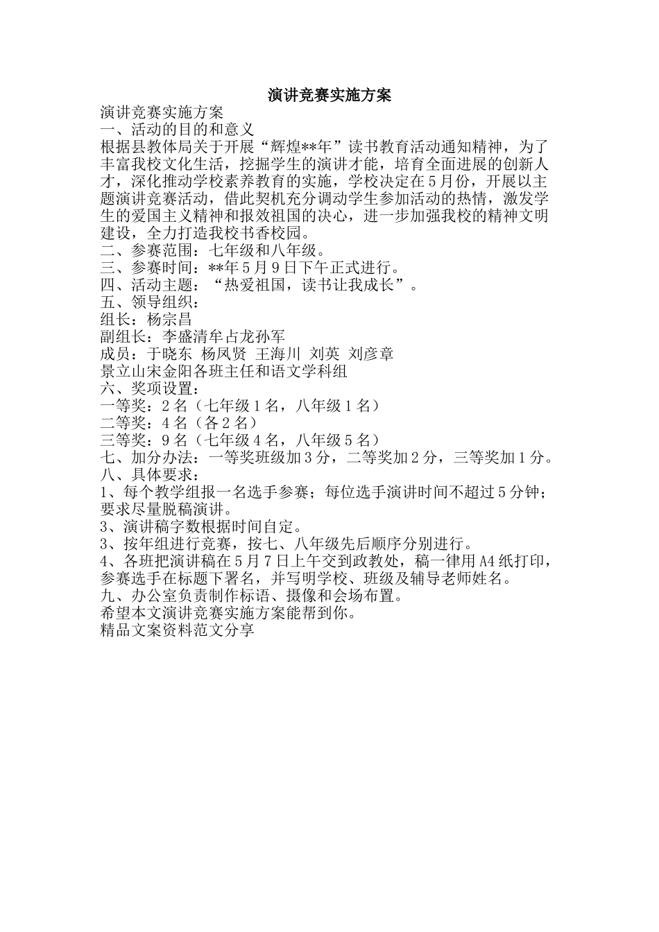 演讲比赛实施方案-精品文案范文_第1页