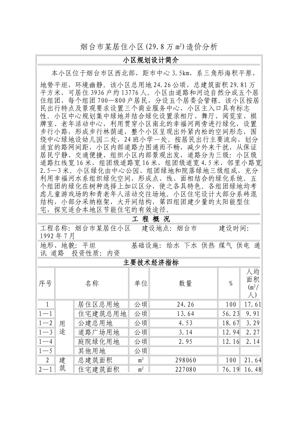 烟台市某居住小区造价分析_第1页