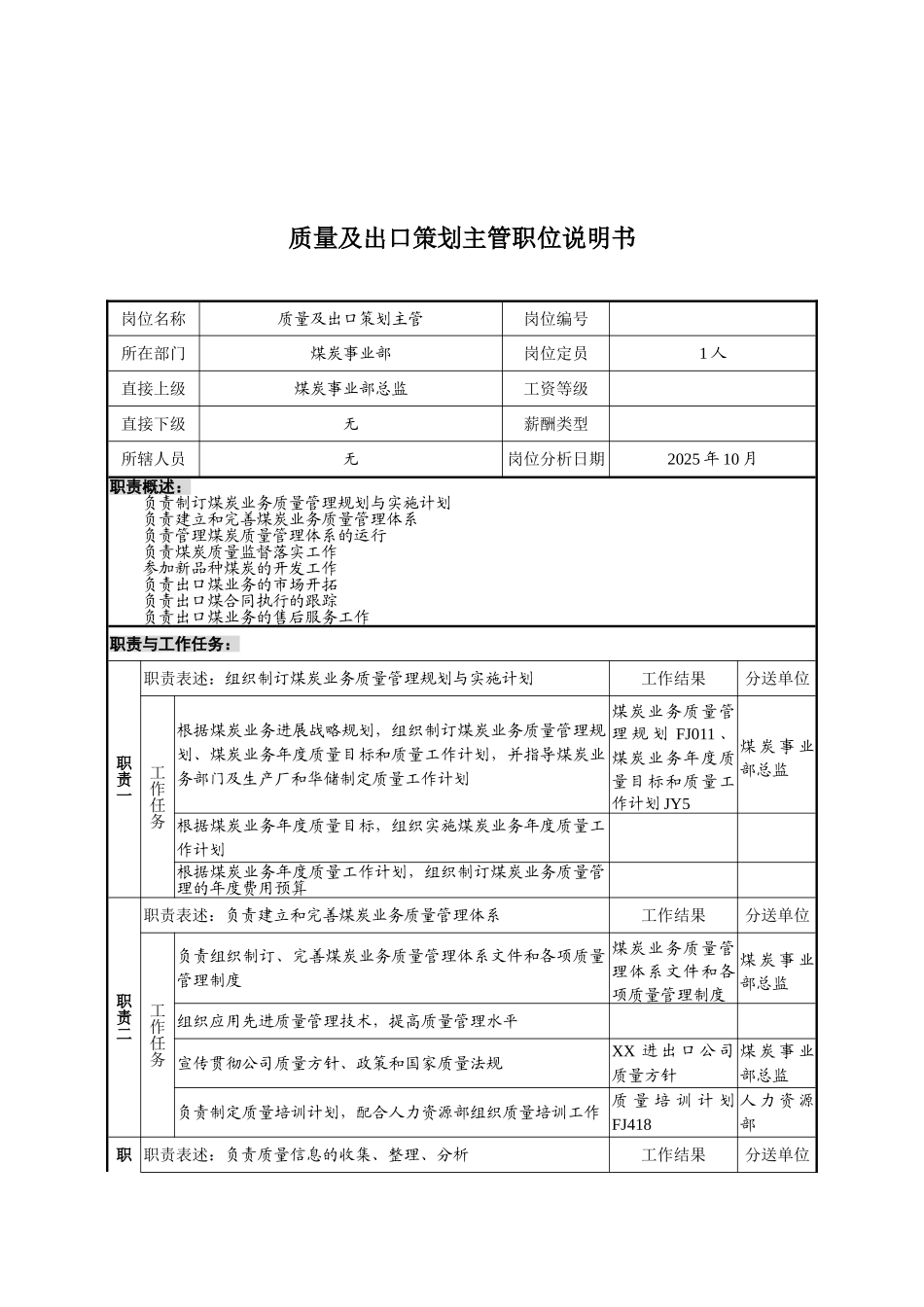 煤炭行业集团公司事业部质量及出口策划主管岗位说明书_第2页