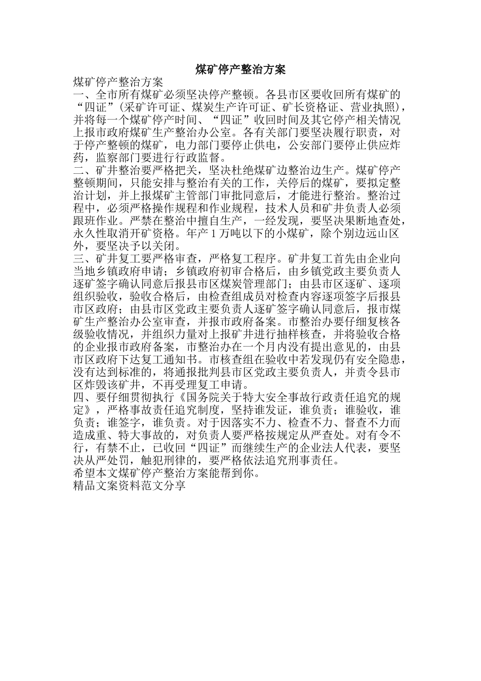 煤矿停产整治方案-精品文案范文_第1页