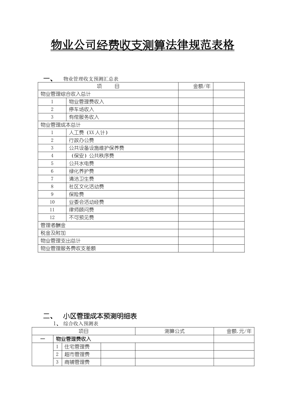 物业公司经费收支测算规范表格_第1页