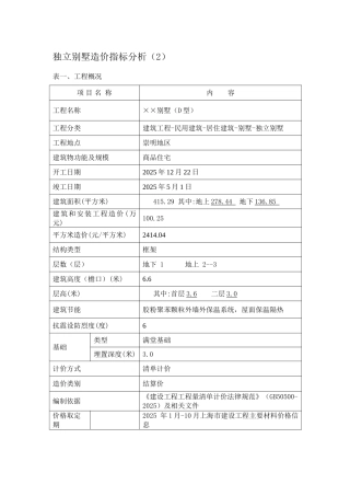 独立别墅造价指标分析报告